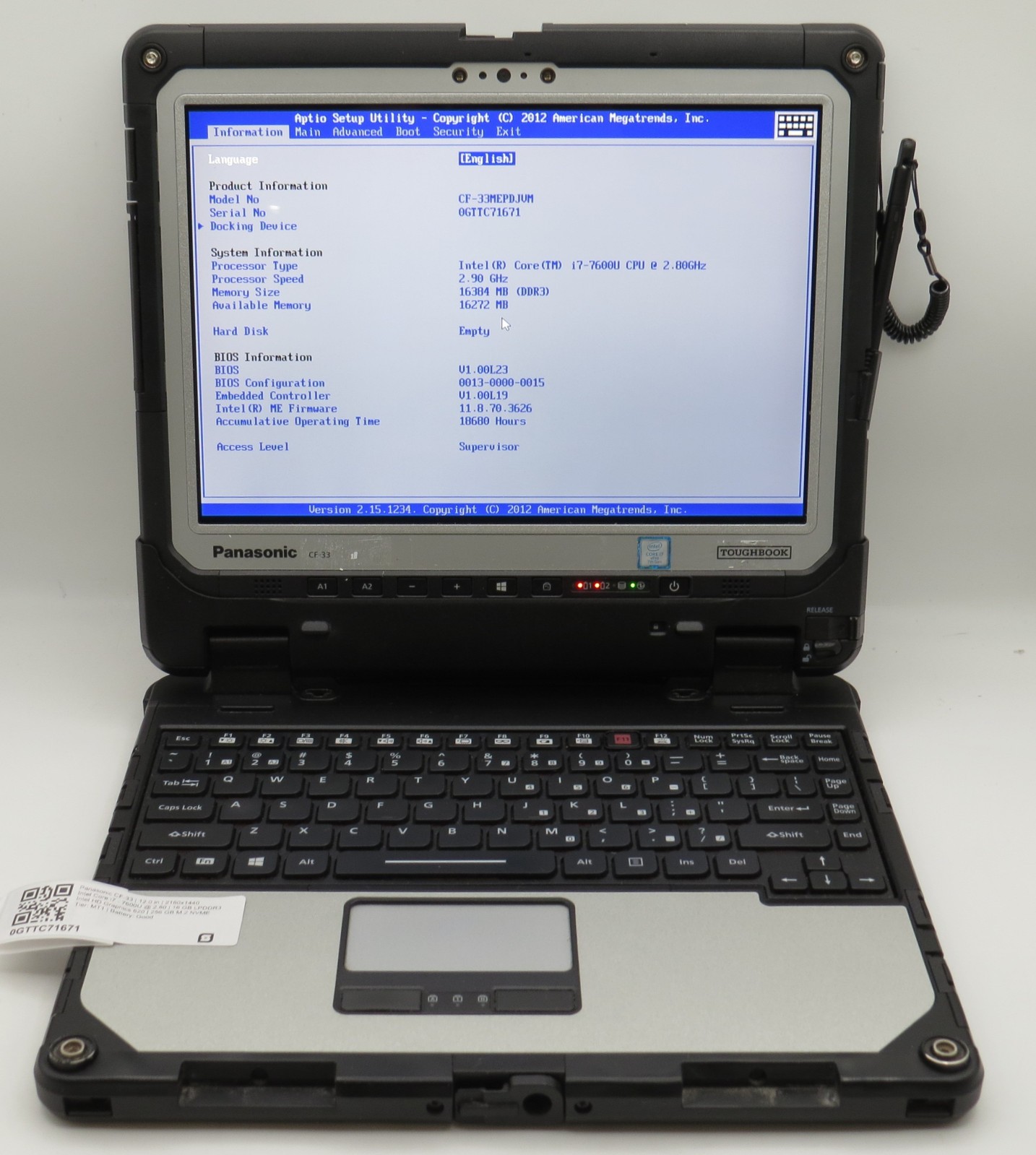 Panasonic CF-33 Toughbook i7-7600U@2.8 | 16/256GB SSD | 12″ Touch | No OS/AC