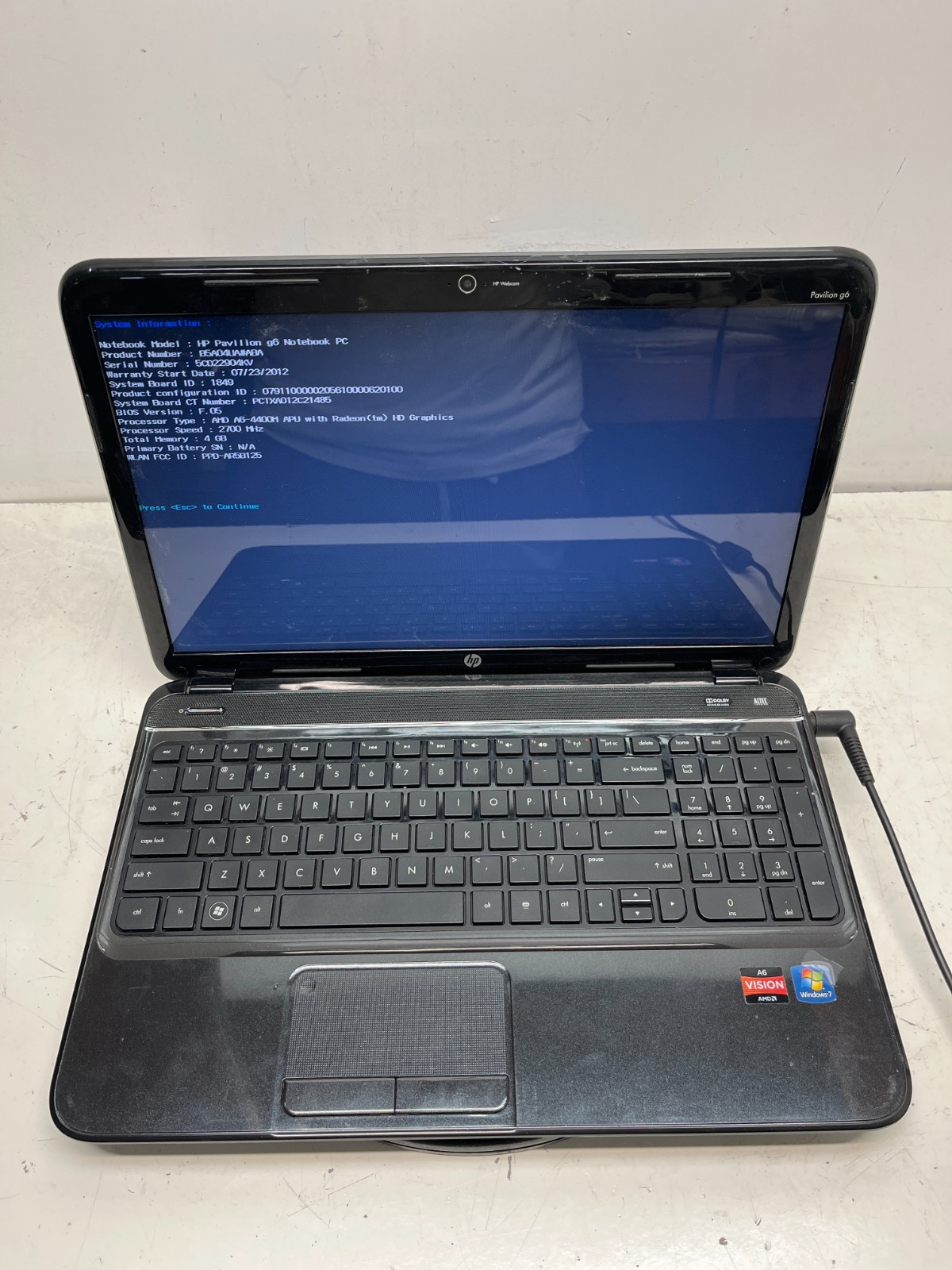 HP Pavilion g6 Notebook PC AMD A6-4400M 2700 MHz 4GB NO HDD No Batt