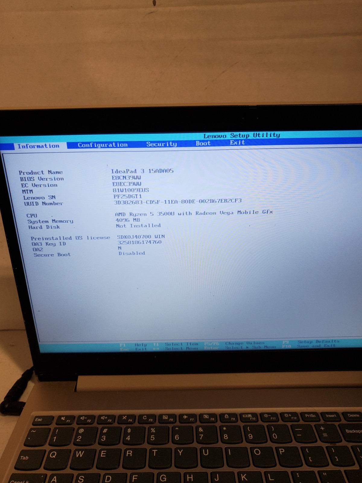 LENOVO IDEAPAD 3 15ADA05 15″ RYZEN 5 3500U 4GB RAM No HDD/SSD/OS/BACK-COVER #69