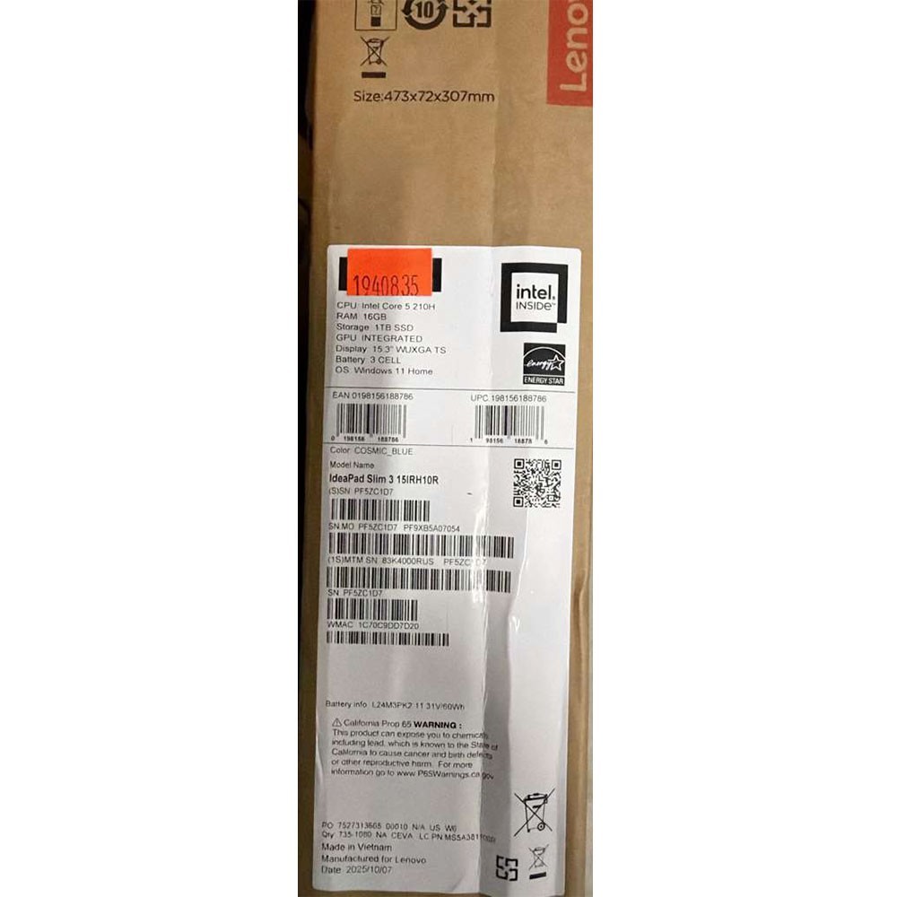 Lenovo IdeaPad Slim 3 15IRH10R 15.3″ WUXGA Core 5 210H 16GB 1TB SSD Win 11