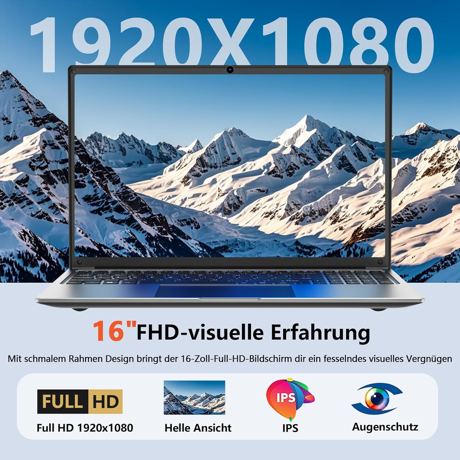 Laptop 16-Inch 8GB DDR 256GB SSD Portable Laptop Computer, Expandable to 1TB, AM