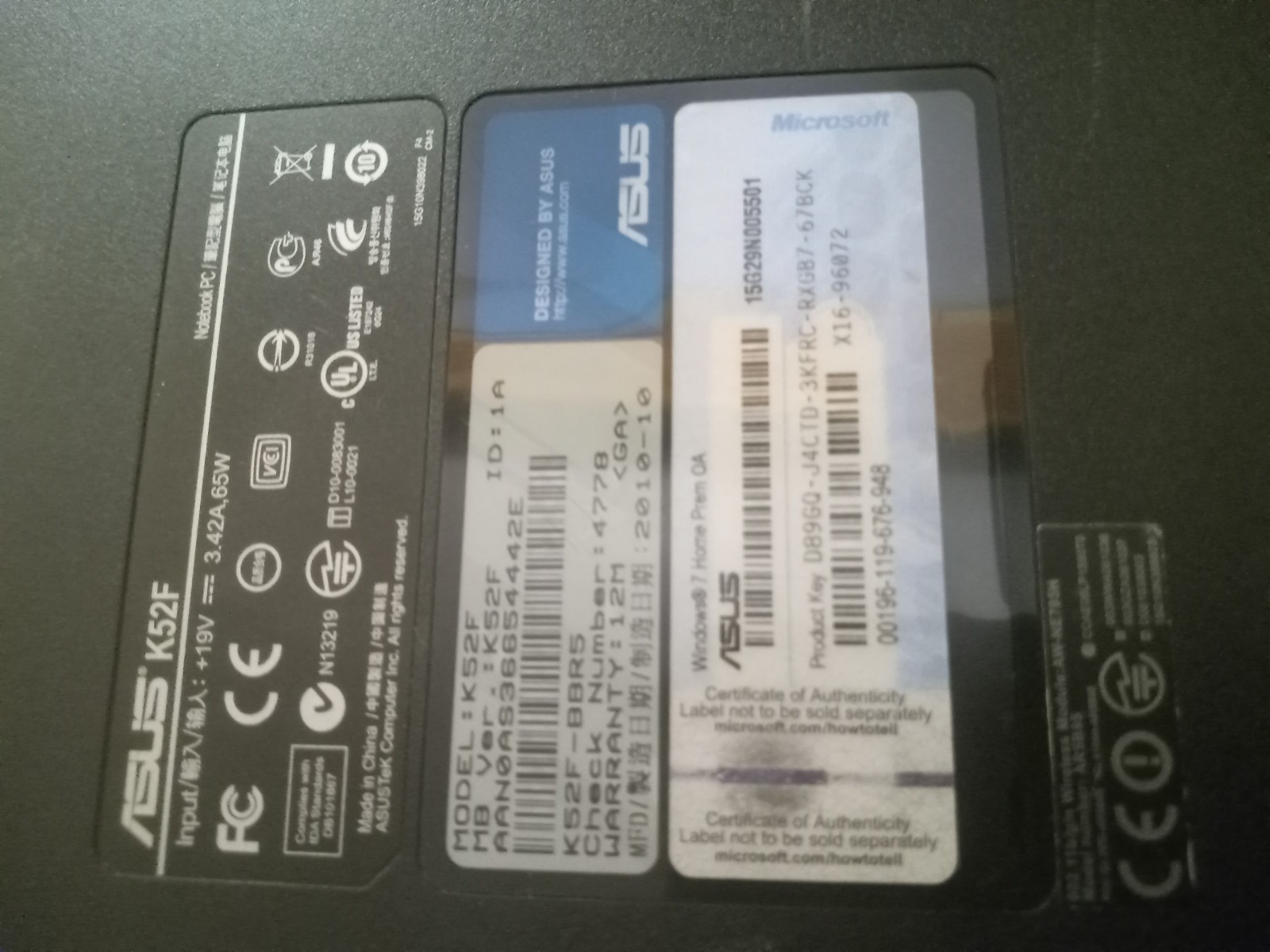 Asus K52F-BBR5 Intel Pentium P6100 2GHz 3 GB needs power cable
