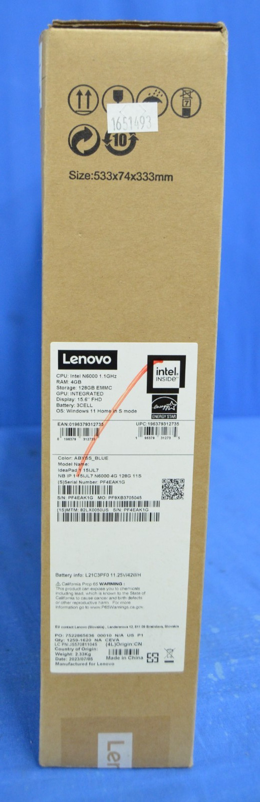 Lenovo IdeaPad 1 , 15.6″ HD Intel N6000 1.1GHz Upgraded RAM to 12GB, 128GB SSD