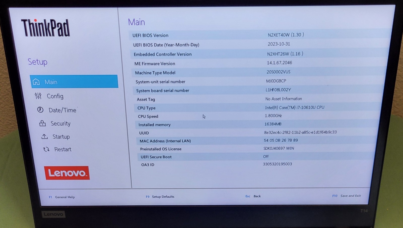 Lenovo ThinkPad T14 Gen 1 i7-10610U 1.8GHz 16GB RAM NO SSD/OS (BIOS Locked)