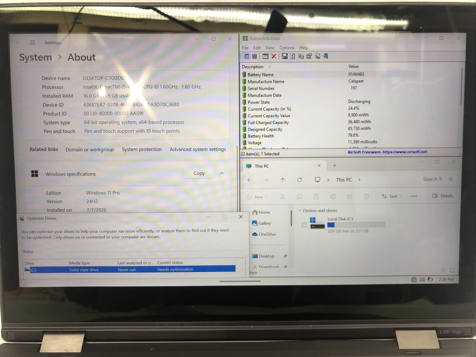Lenovo Thinkpad L380 Yoga, Intel Core i5-8250U @1.6 GHz, 16GB RAM 250GB SSD, W11