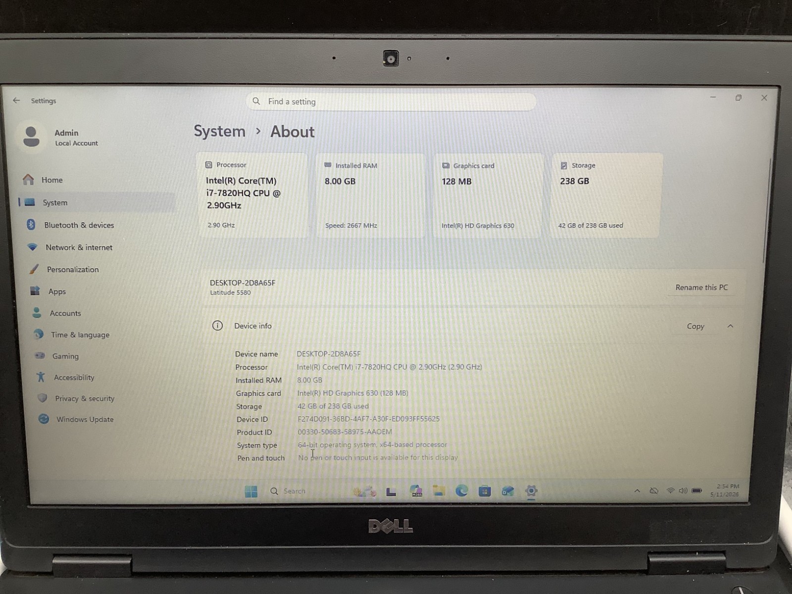 Dell Latitude 5580 Intel i7-7820HQ @ 2.9GHz 8GB RAM 250GB SSD Windows 11 Pro