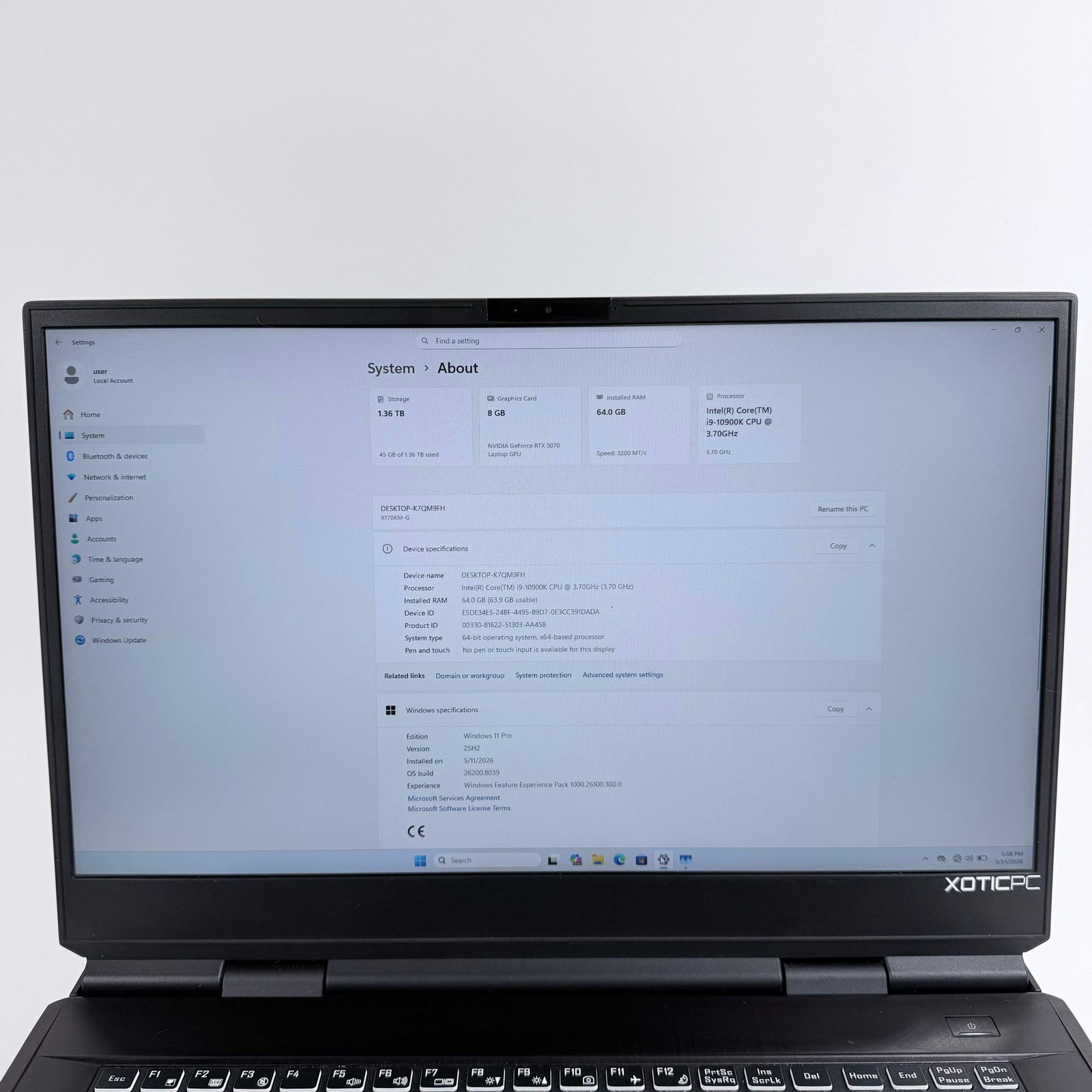 XOTICPC Laptop 1JT4V90 17.3″ i9-10900K 3.7GHz 64GB RAM 1TB SSD 512GB SSD RTX3070