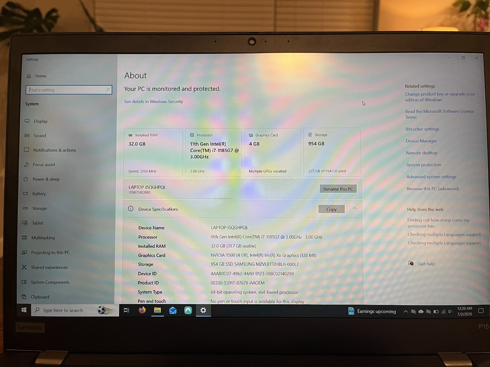 Lenovo ThinkPad P15S Gen 2 i7-1185G7 3.0GHz 954GB SSD 8GB DDR4