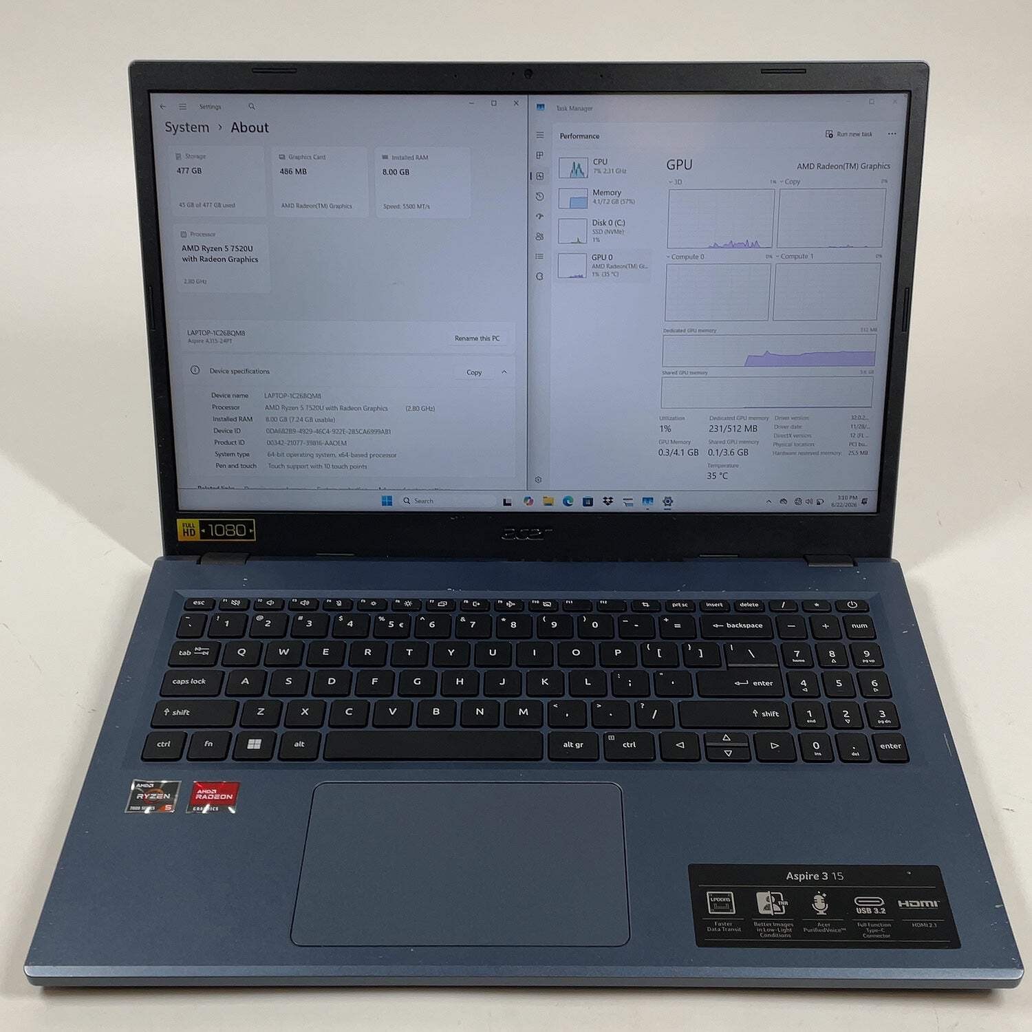 Acer Aspire 3 N23C3 15.6″ Ryzen 5 7520U 2.8GHz 8GB RAM 512GB SSD