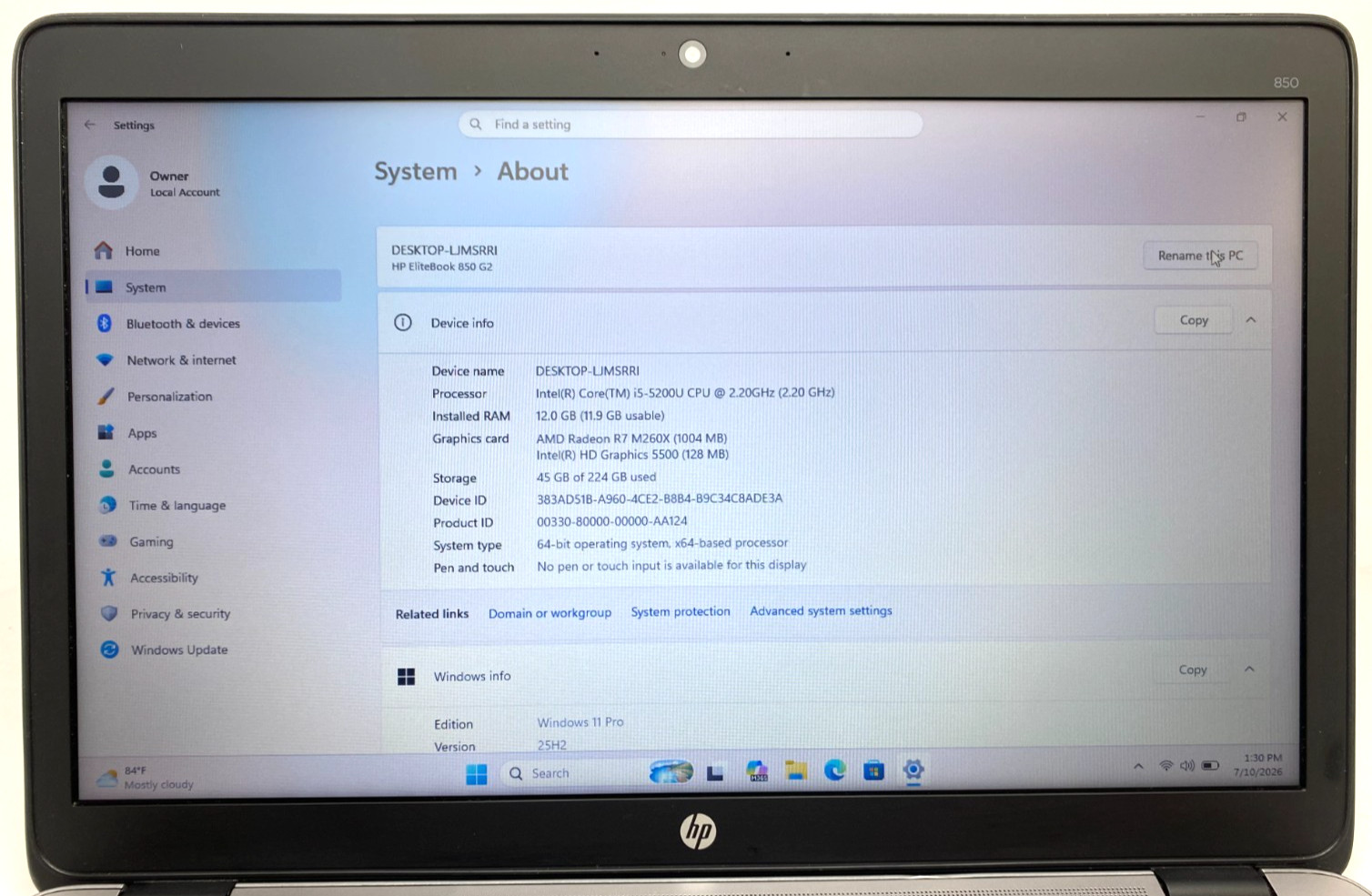 HP ELITEBOOK 850 G2 15.6″ HD I5-5200U 2.20GHz R7 M260X 12GB RAM 500GB SSD WIN11P
