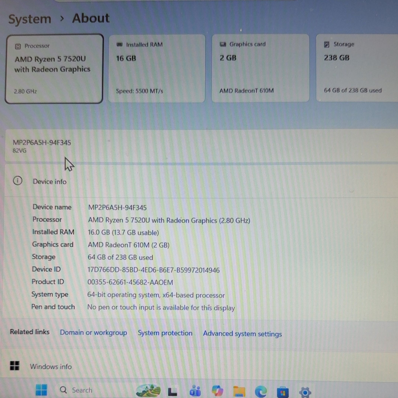 Lenovo IdeaPad 1 15AMN7 15.6″ AMD Ryzen 5 7520U 16GB RAM 256GB SSD Win 11 Pro
