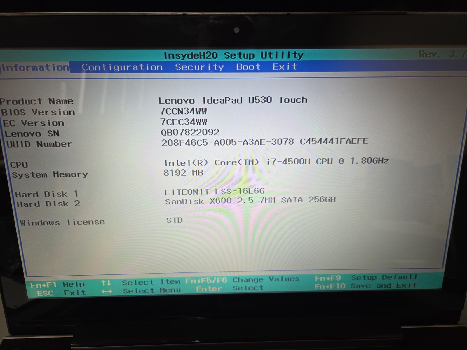 LENOVO IDEAPAD U530 TOUCH Intel i7 4500U- 8GB RAM- 256GB & 16GB SSD NO OS – USED