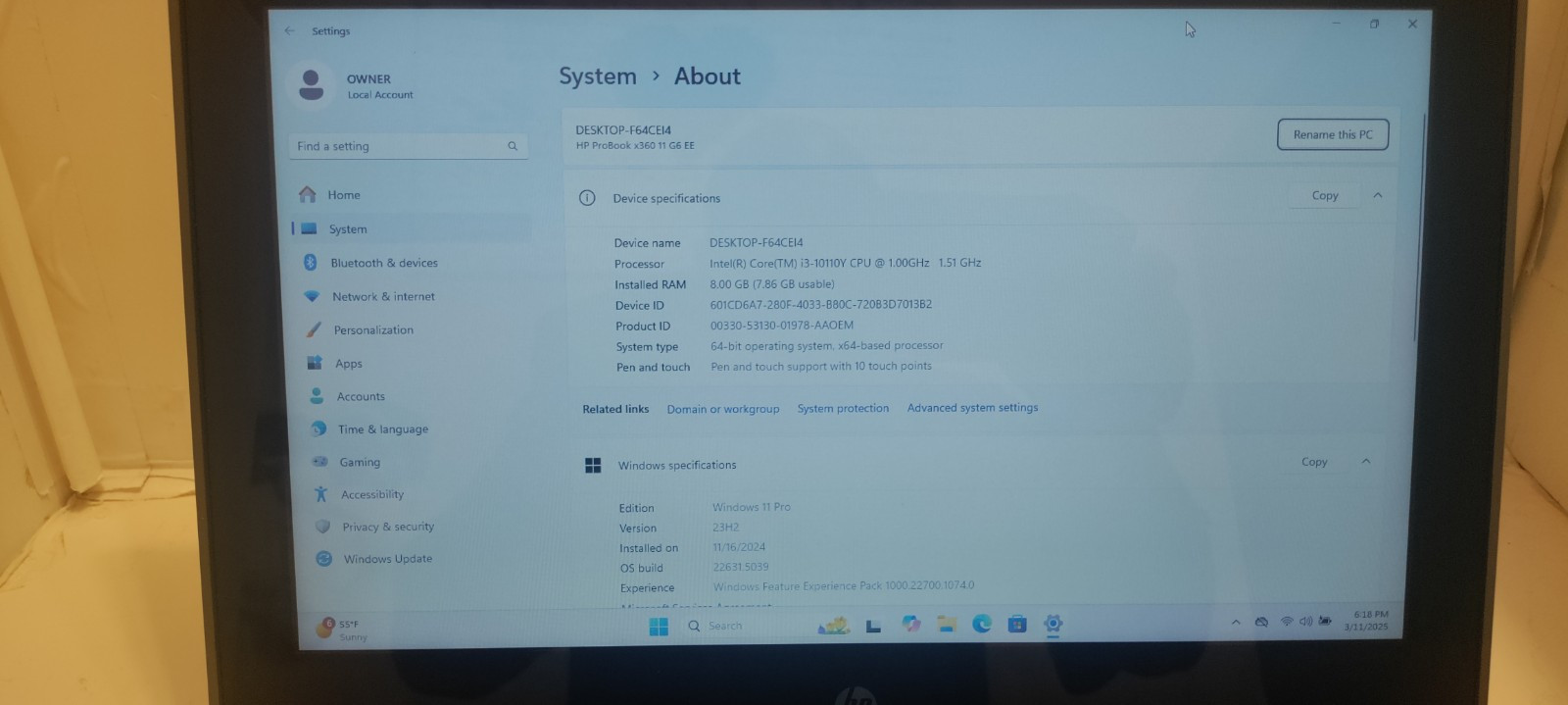 HP ProBook X360 11 G6 EE 2 in 1 Laptop/Tablet intel i3-10110Y 8 GB RAM 256GB M.2
