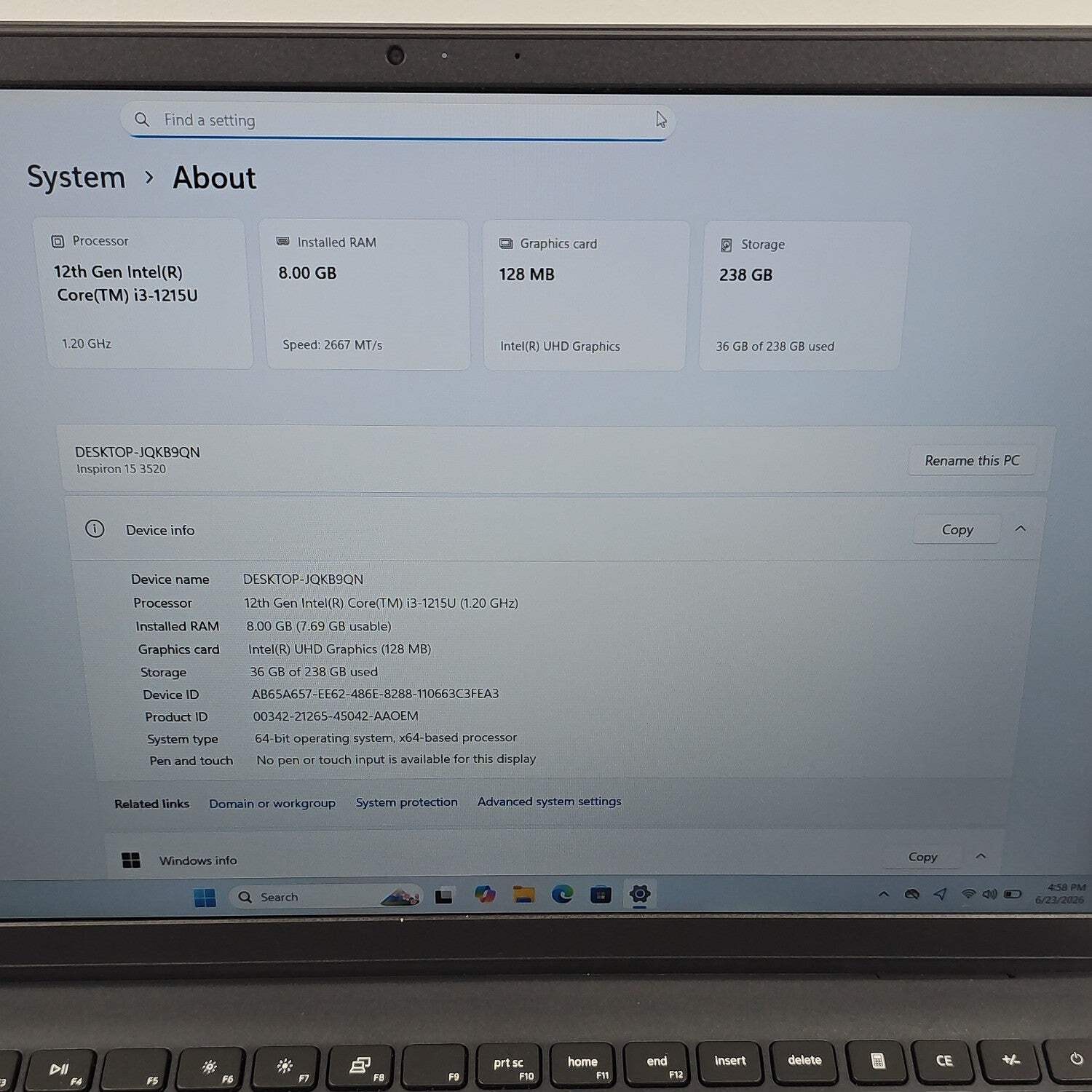 Dell Inspiron 3520 15.6″ i3-1215U 1.2GHz 8GB RAM 256GB SSD