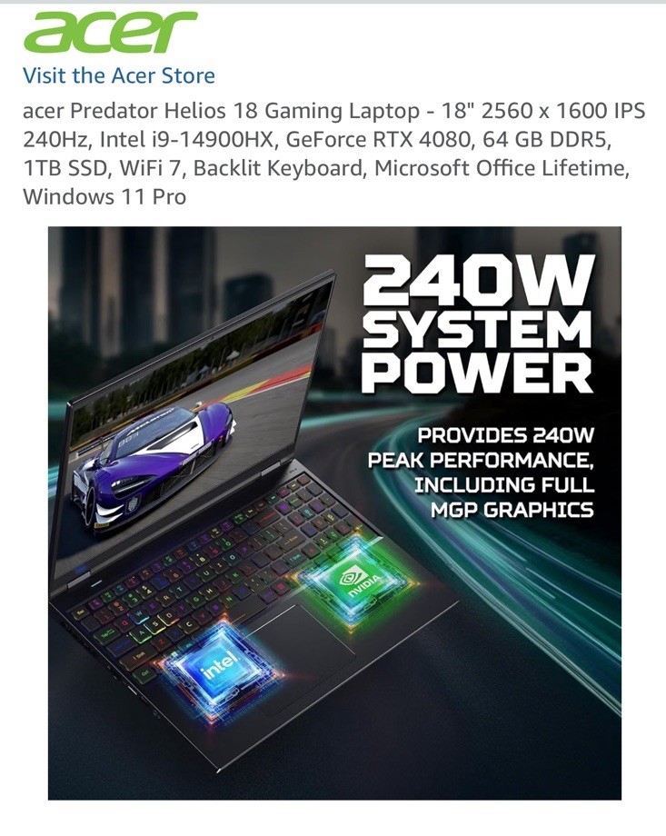 Acer Predator Helios 18 18in i9-14900HX RTX 4080 64GB 1TB SSD W11 Pro