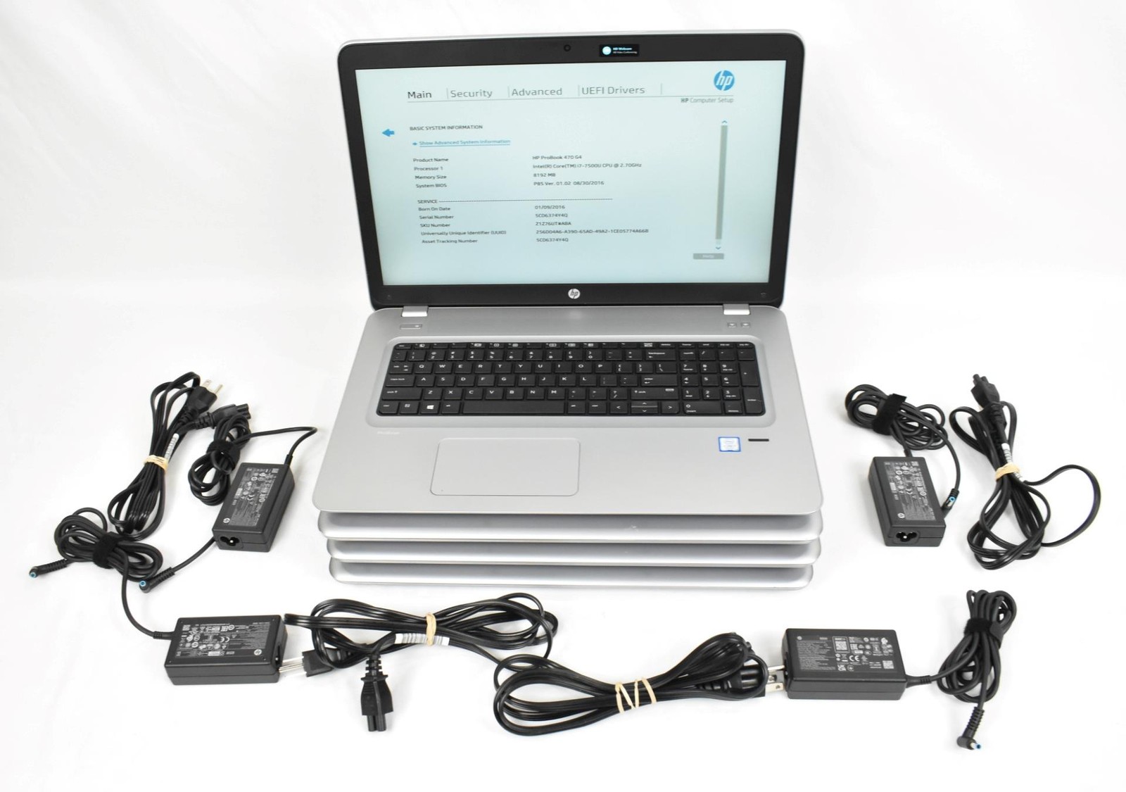 (4) HP ProBook 470 G4 Laptops i7-7500U 2.7GHz 8GB 240GB SSD DVDRW No OS 17.3″