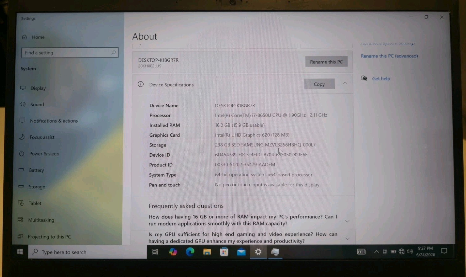 Lenovo ThinkPad X1 Carbon 6th Gen 14″ QHD i7-8650U 256GB 16GB W10P