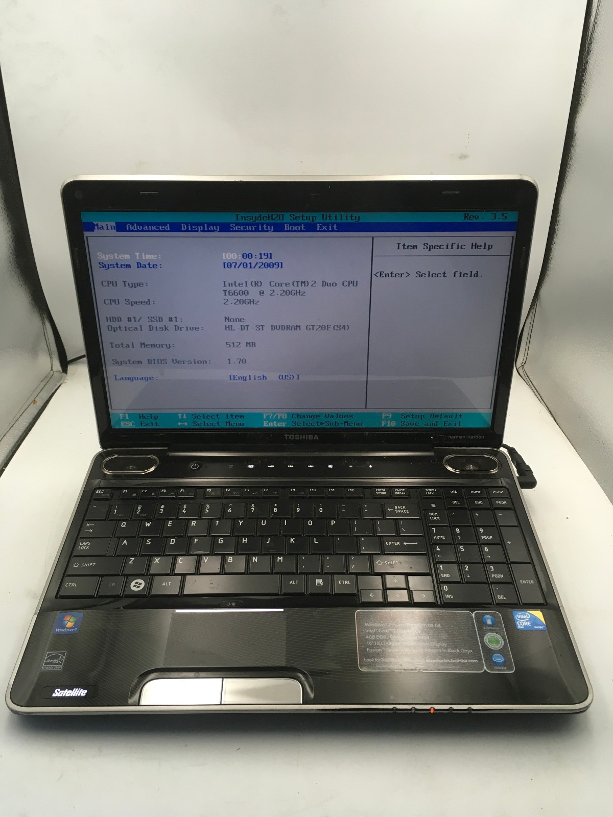 TOSHIBA SATELLITE A505 S6980 – BOOTS TO BIOS – INTEL 2 DUO T6600 – 512MB RAM -BB