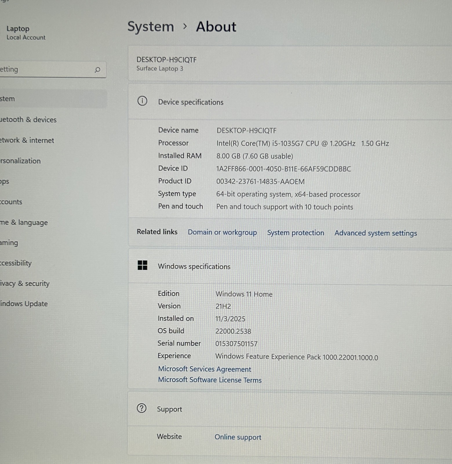 Microsoft Surface Laptop 3 13″ 2256 x 1504 Touch I5-1035G7 256GB SSD 8GB RAM