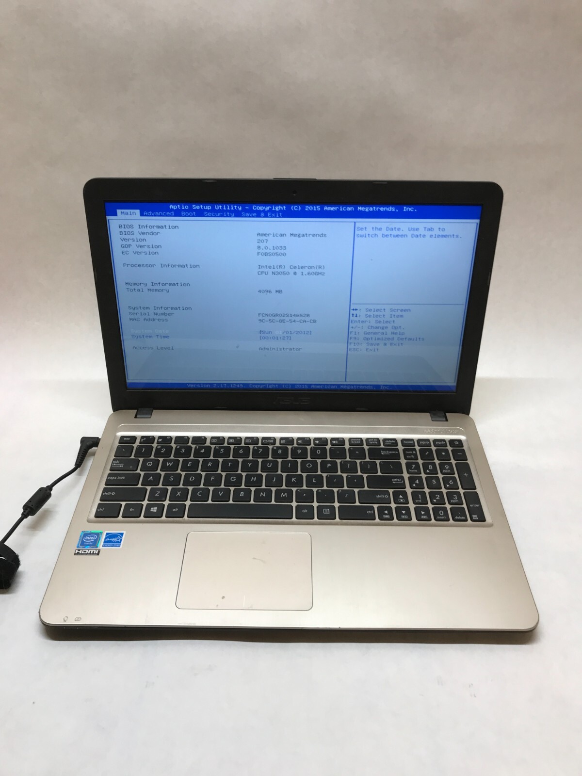 Asus X540S 15″ Laptop Celeron N3050 1.6GHz 4GB RAM NO HDD/OS BAD KB For Parts DW