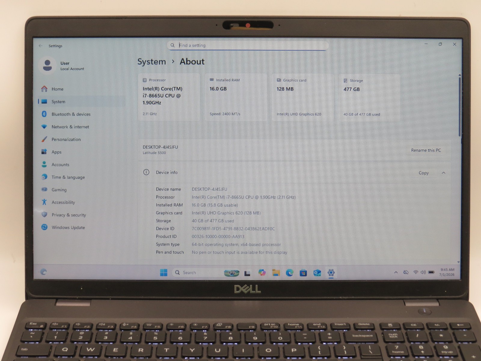 Dell Latitude 5500 i7-8665U @ 2.11Ghz 16GB DDR4 512GB m2 15.6″ Win 11 Home