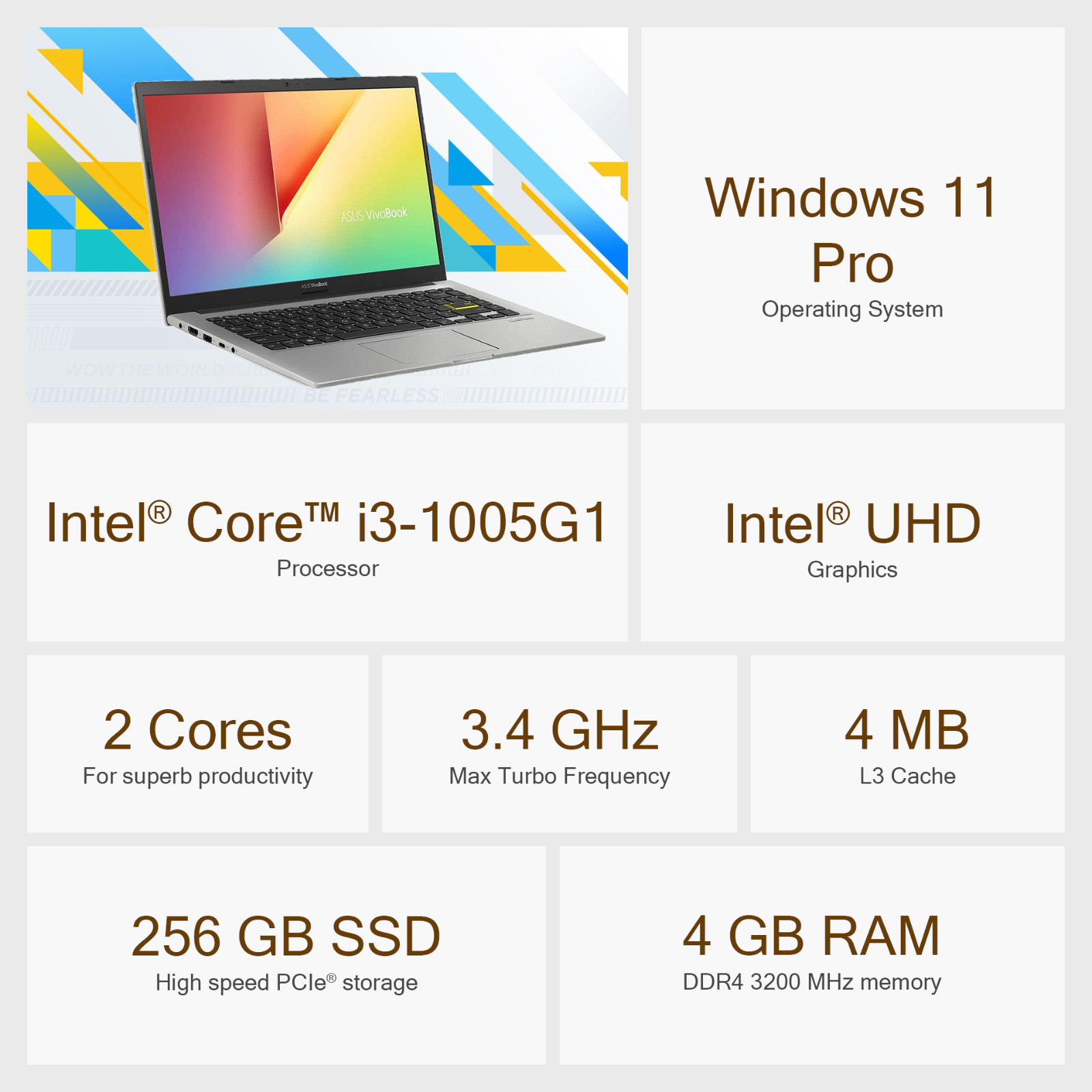ASUS Vivobook 14″ FHD Laptop Intel i3 4GB RAM & 256GB SSD Office 2024 Win 11 Pro