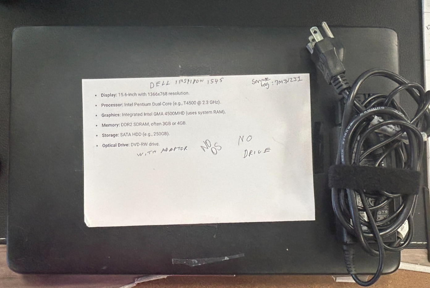 AS IS – Dell Inspiron 1545 Laptop NO DRIVE, NO OS. w/power adapter