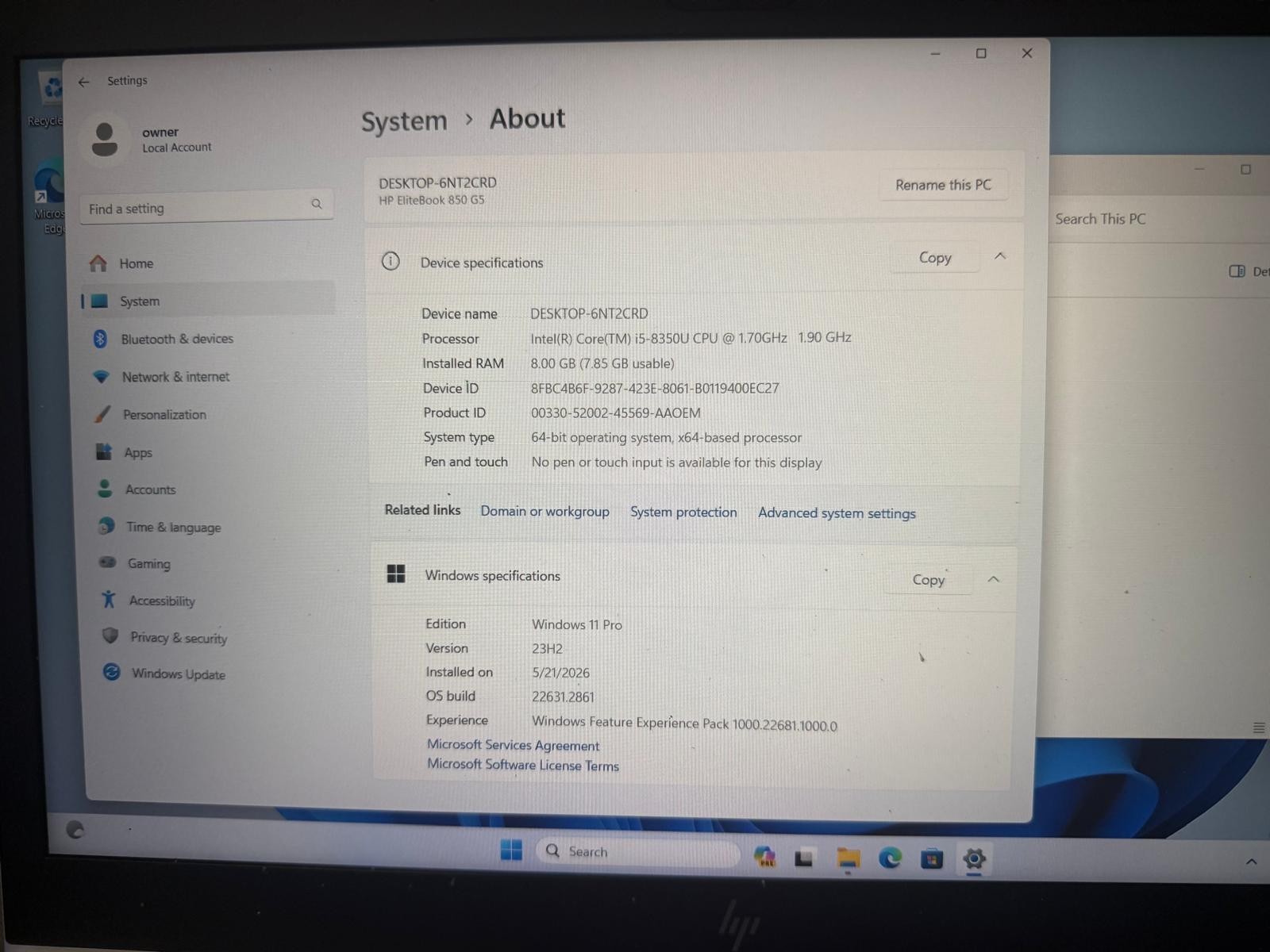 HP EliteBook 850 G5 Core i5-8350U 1.90GHz 8GB RAM 256GB WINDOWS 11 PRO, WEBCAM