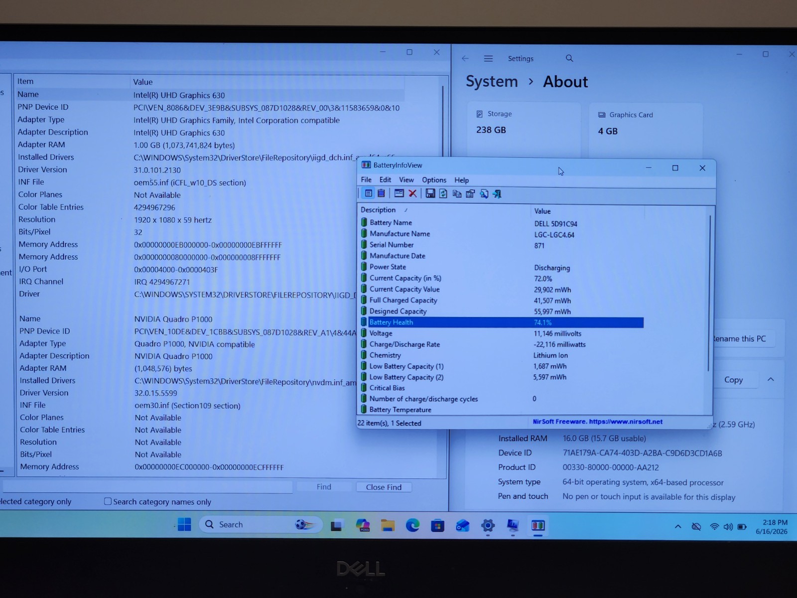 Dell Precision 5530 15.6″ FHD i7-8850H 2.6Ghz 16GB RAM 256GB SSD W11P P1000 + AC
