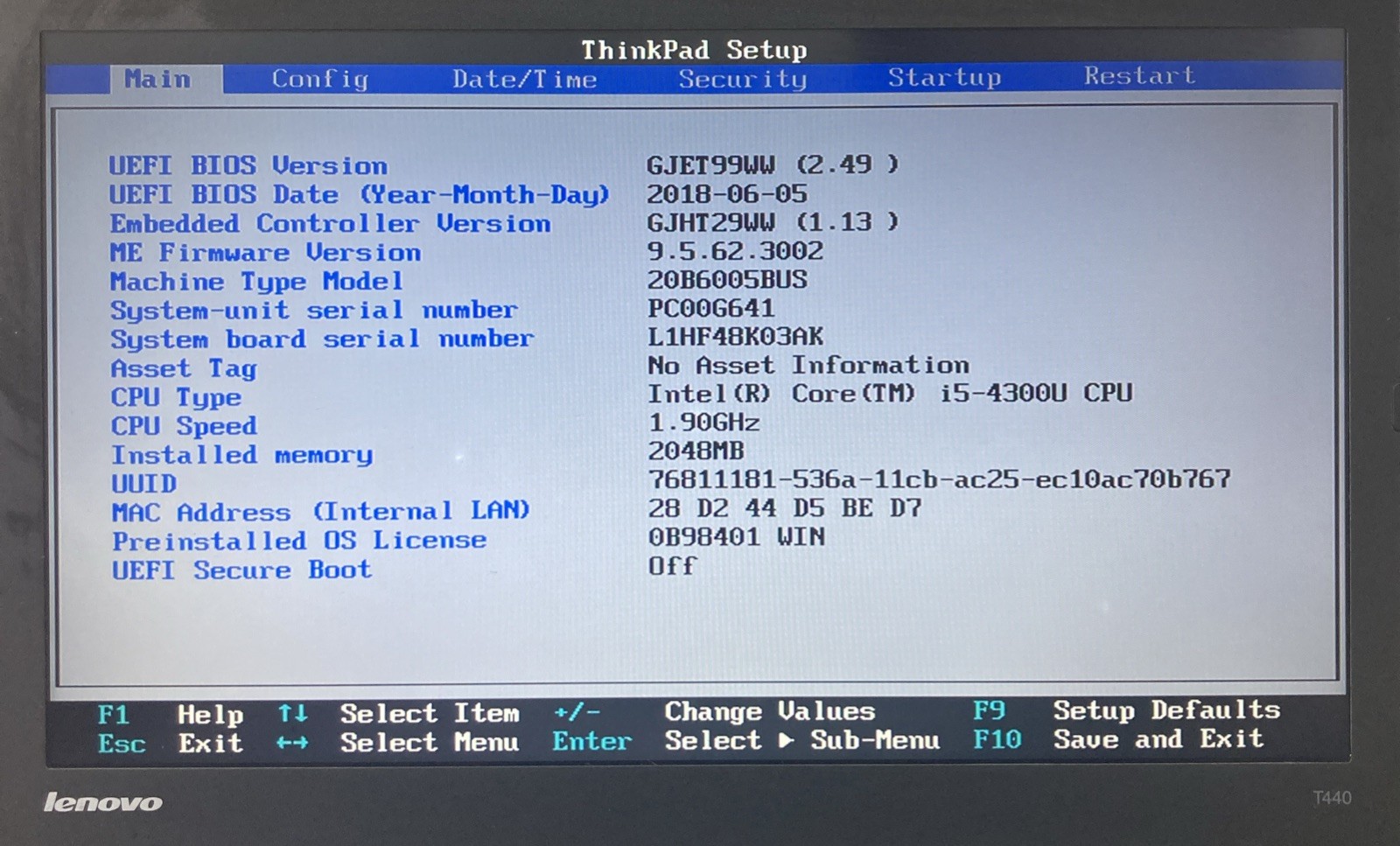 Lenovo ThinkPad T440 i5-4300u 1.9GHz 4GB RAM no HDD Boot to bios