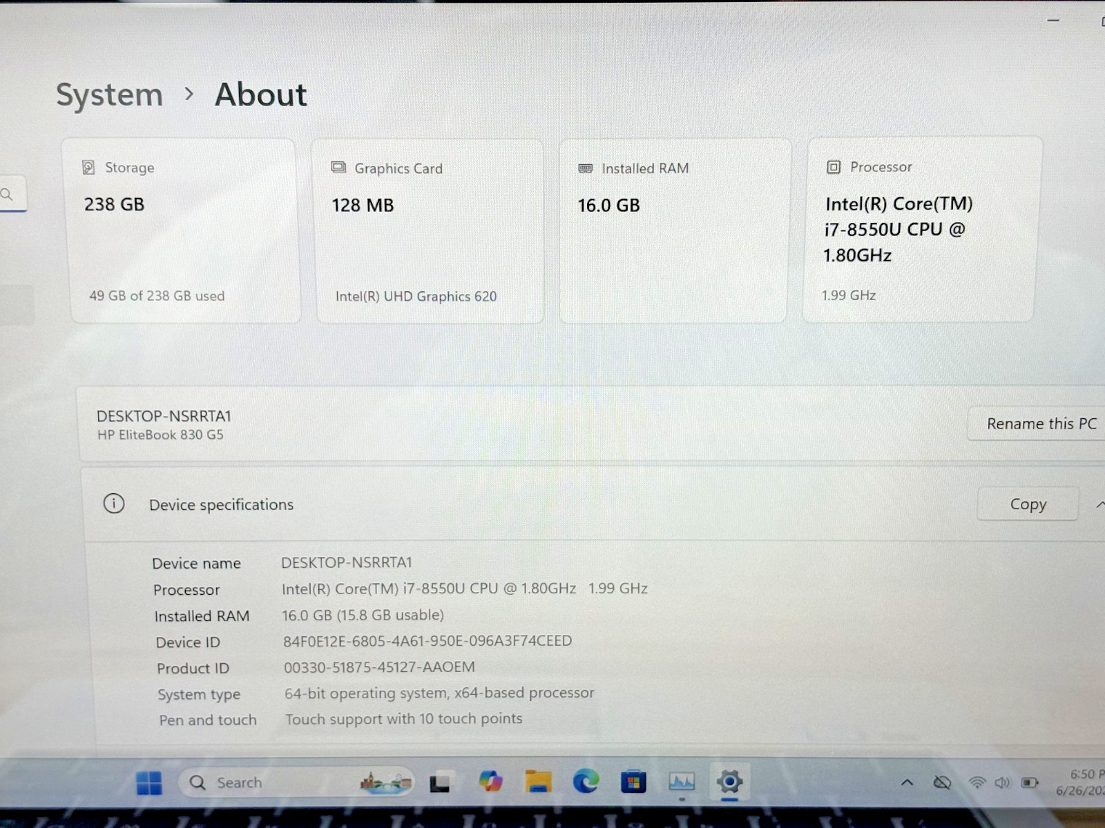 HP EliteBook 830 G5 Intel i7-8th Gen 1.80GHz 16GB RAM 256GB SSD Windows 11 Pro*