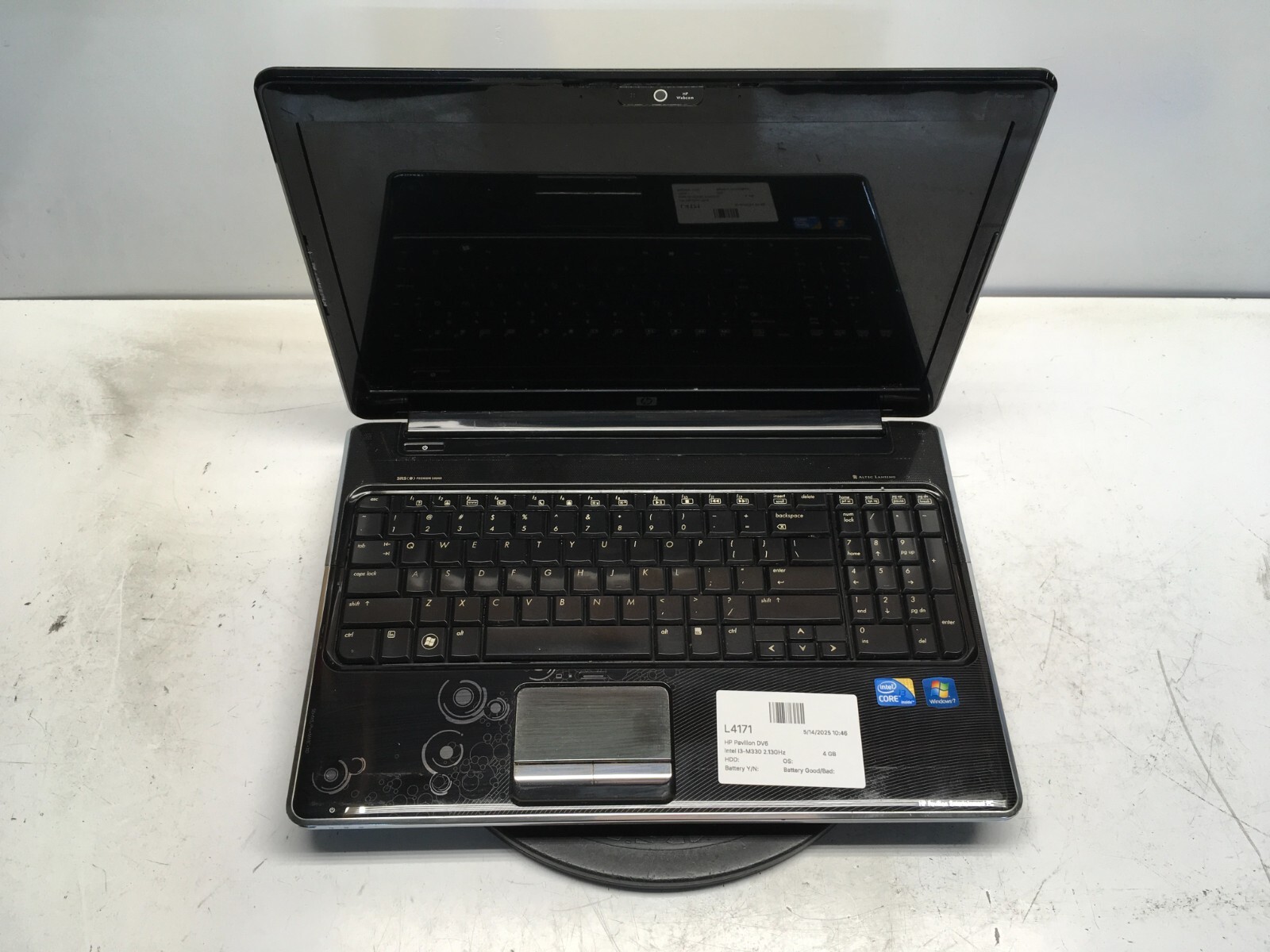HP Pavilion DV6-2162NR Intel i3-M330 2.13GHz 4 GB NO HDD No Batt