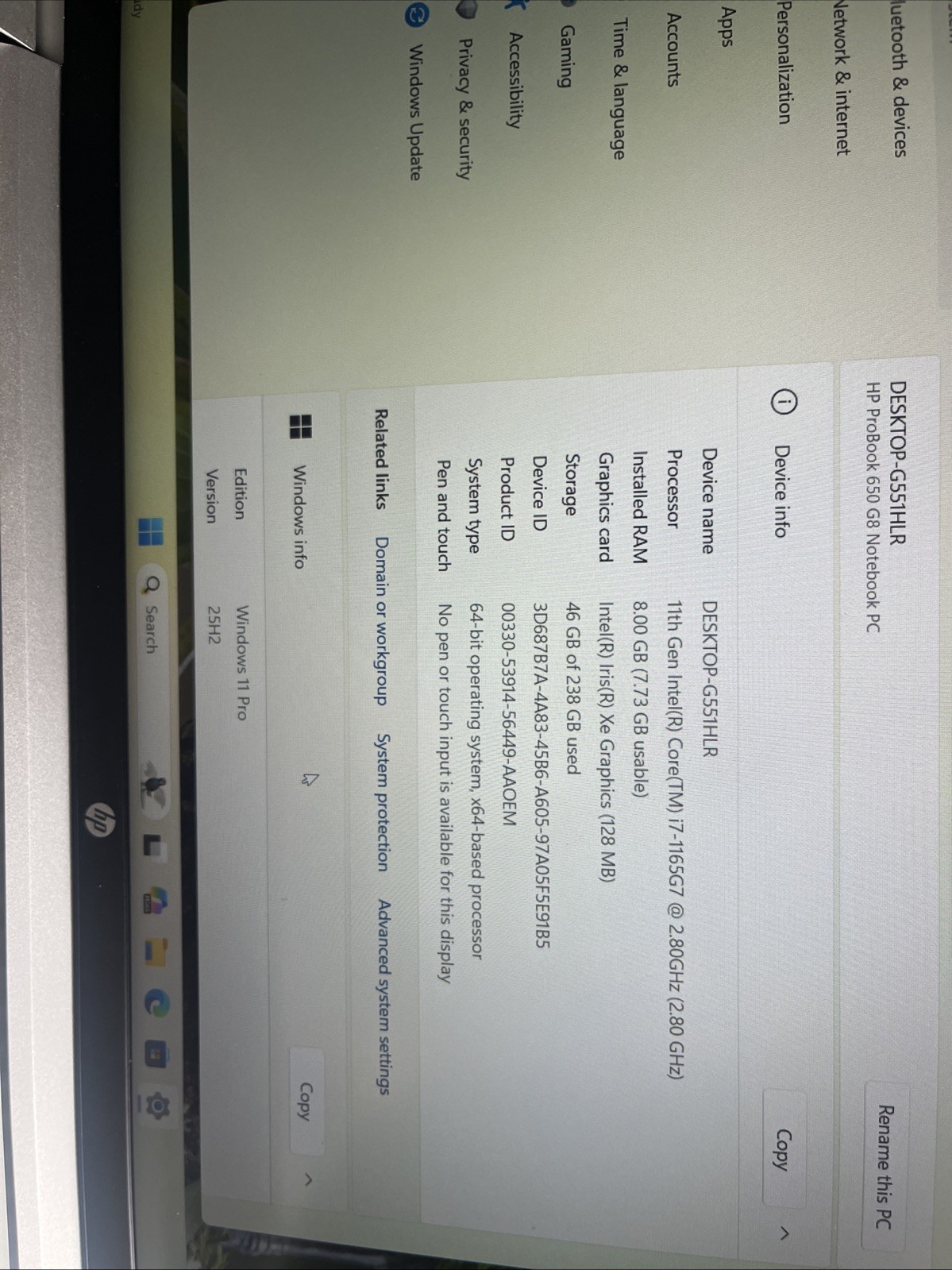 hp ProBook 650 g8 i7-1165G7@2.80GHz 8GB RAM 256GB SSD