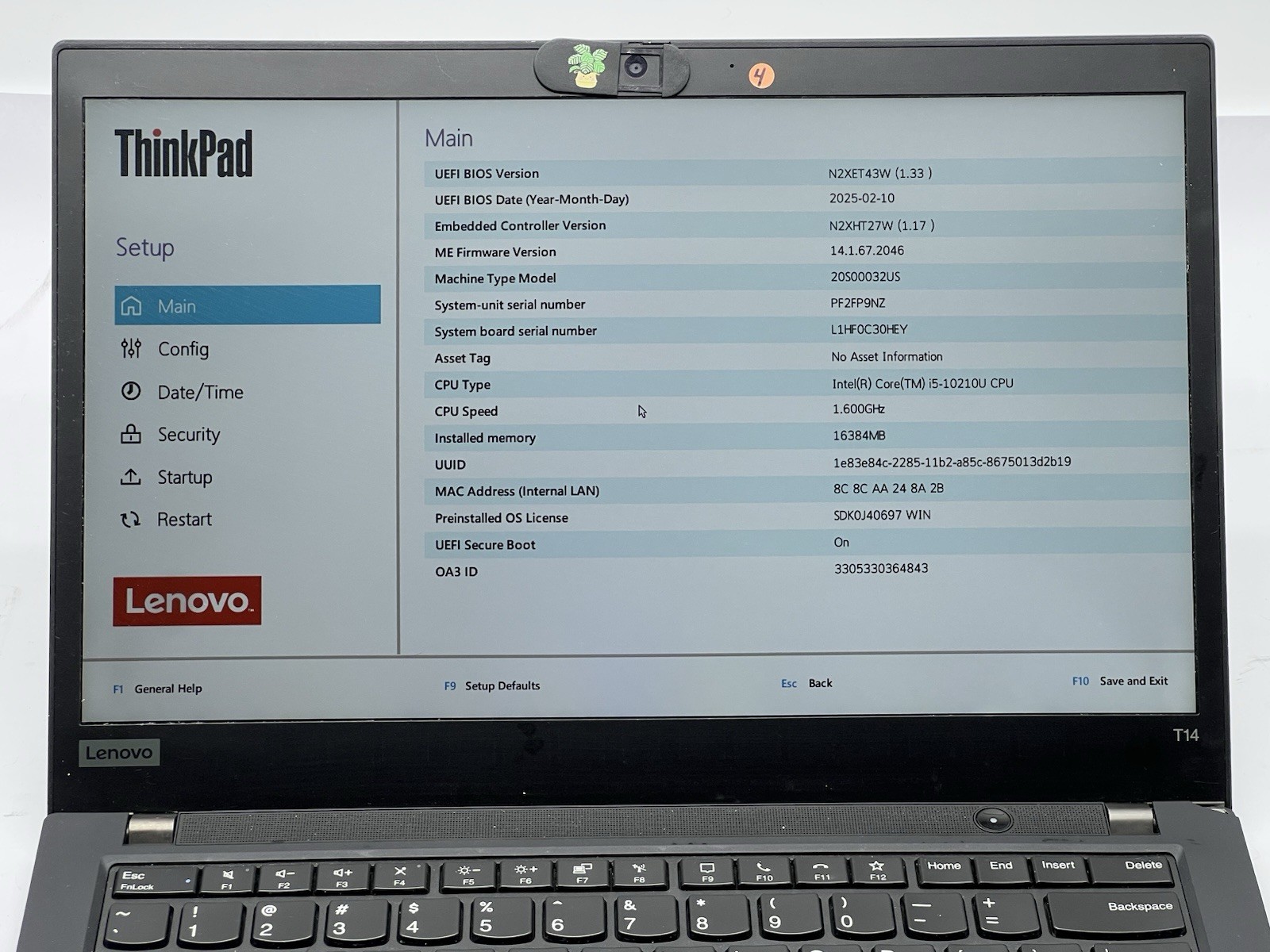 Lenovo ThinkPad T14 Gen 1, Core i5-10210U, @ 1.60GHz, 16GB RAM-No HDD/OS/Adapter