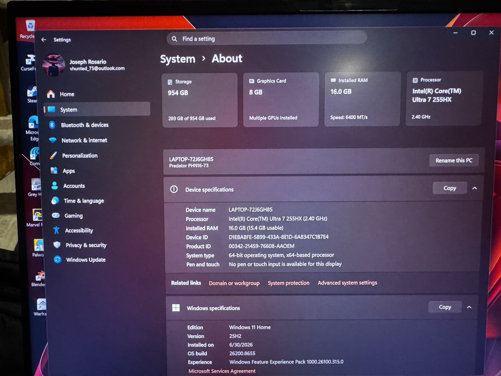 Acer Predator Helios Neo 16 QHD+ Ultra 7 255HX 16GB 1TB RTX Win11 Black