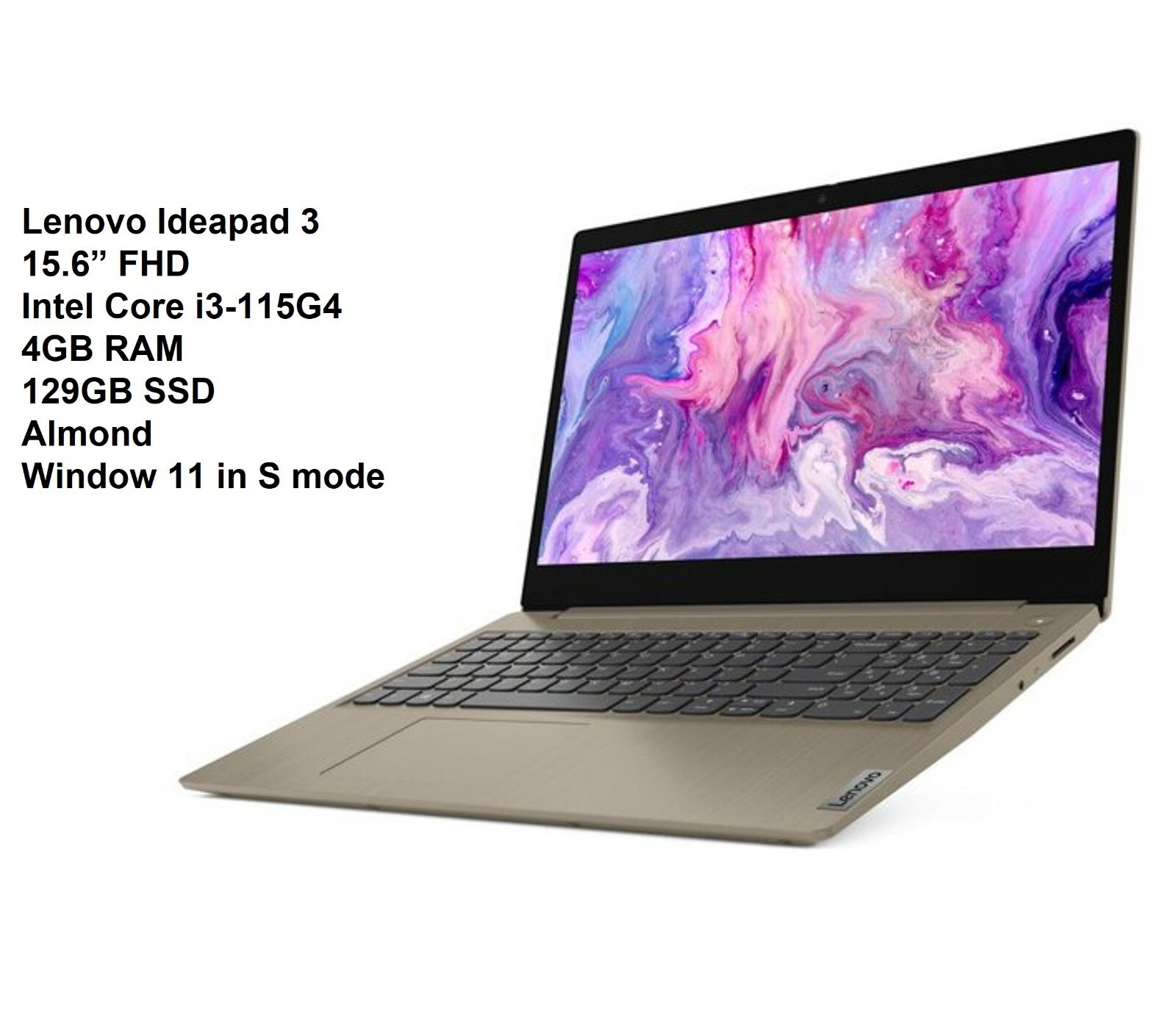 Lenovo Ideapad 3 15.6″ FHD Laptop, i3-1115G4, 4GB RAM, 128GB SSD, Almond