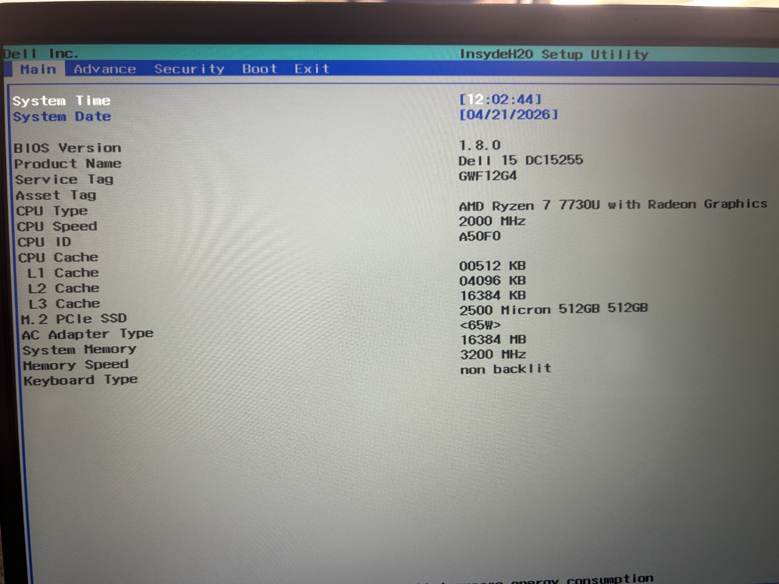 DELL 15 DC15255 G8MK9,, AMD Ryzen 7 7730U, 2.00 GHz, 16 GB RAM, 512 GB NVMe