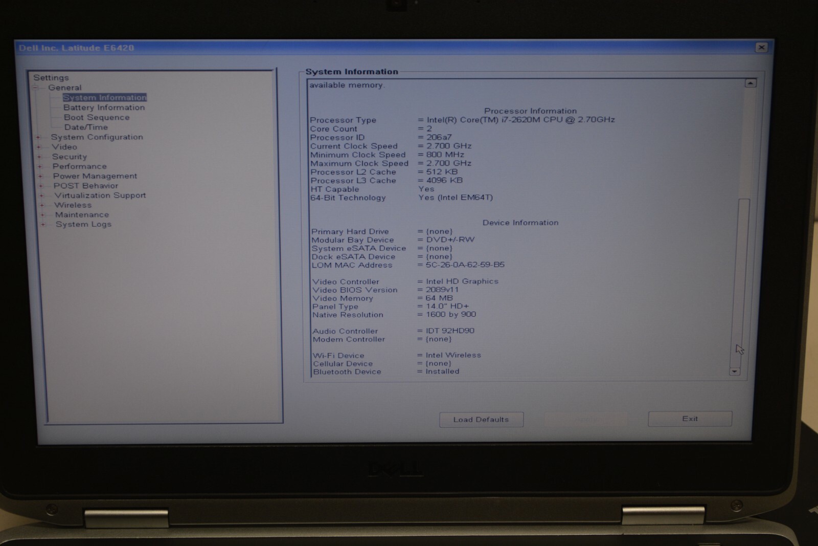 Dell Latitude E6420 Intel Core i7-2620M 2.70GHz 4GB RAM No HD #L224