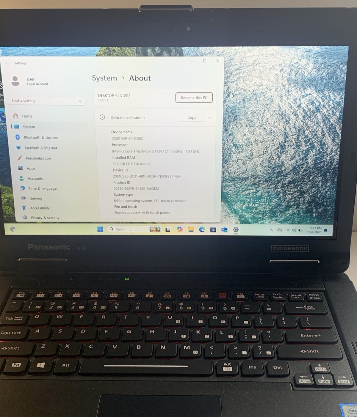 PANASONIC FZ-55 Toughbook Touch Laptop i5 8365U 32GB 1TB 1.60GHz Win11 ~10 Hours