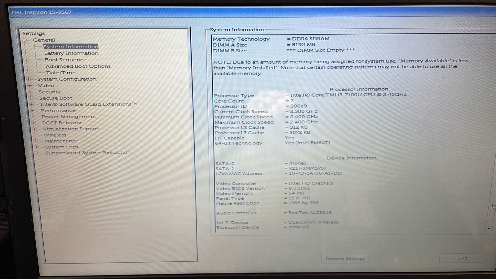 DELL INSPIRON 15 3567 INTEL CORE i3-7100U 2.40GHZ 8GB RAM NO HDD NO OS For Parts