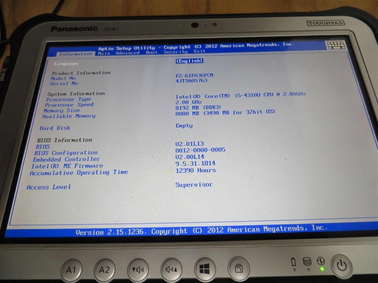 Panasonic Toughpad FX-G1FA3GFCM Core i5-4310U 2GHz 8GB 0SSD No Battery No PSU