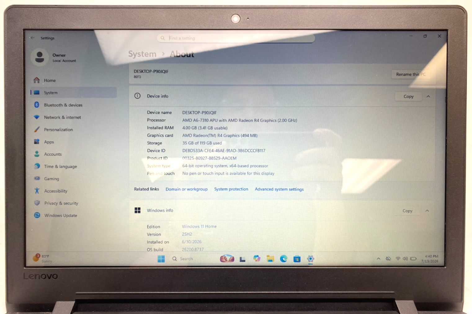 LENOVO IDEAPAD 110-15ACL 80TJ 15.6″ HD AMD A6-7310 4GB 120GB SSD RADEON R4 WIN11