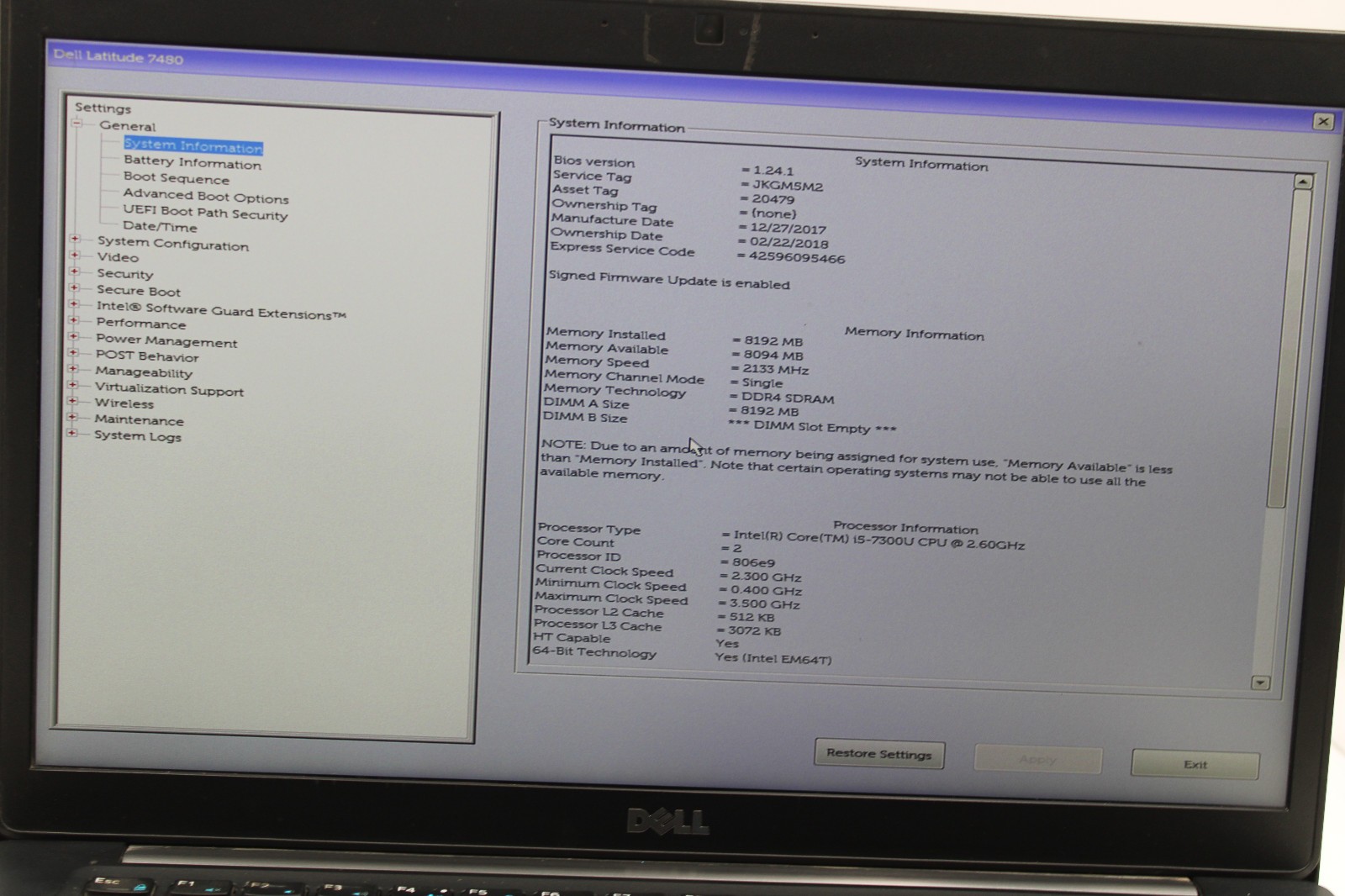 Dell Latitude 7480 i5-7300U @ 2.6 GHz 8GB RAM 256GB SSD No OS