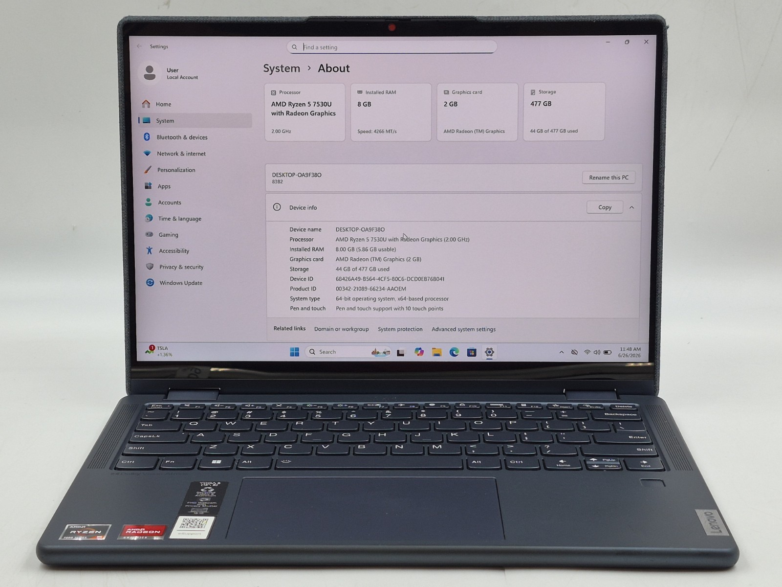 Lenovo Yoga 6 83B2 Ryzen 5 7530U 2.00GHz 8GB RAM 512GB NVMe W11P