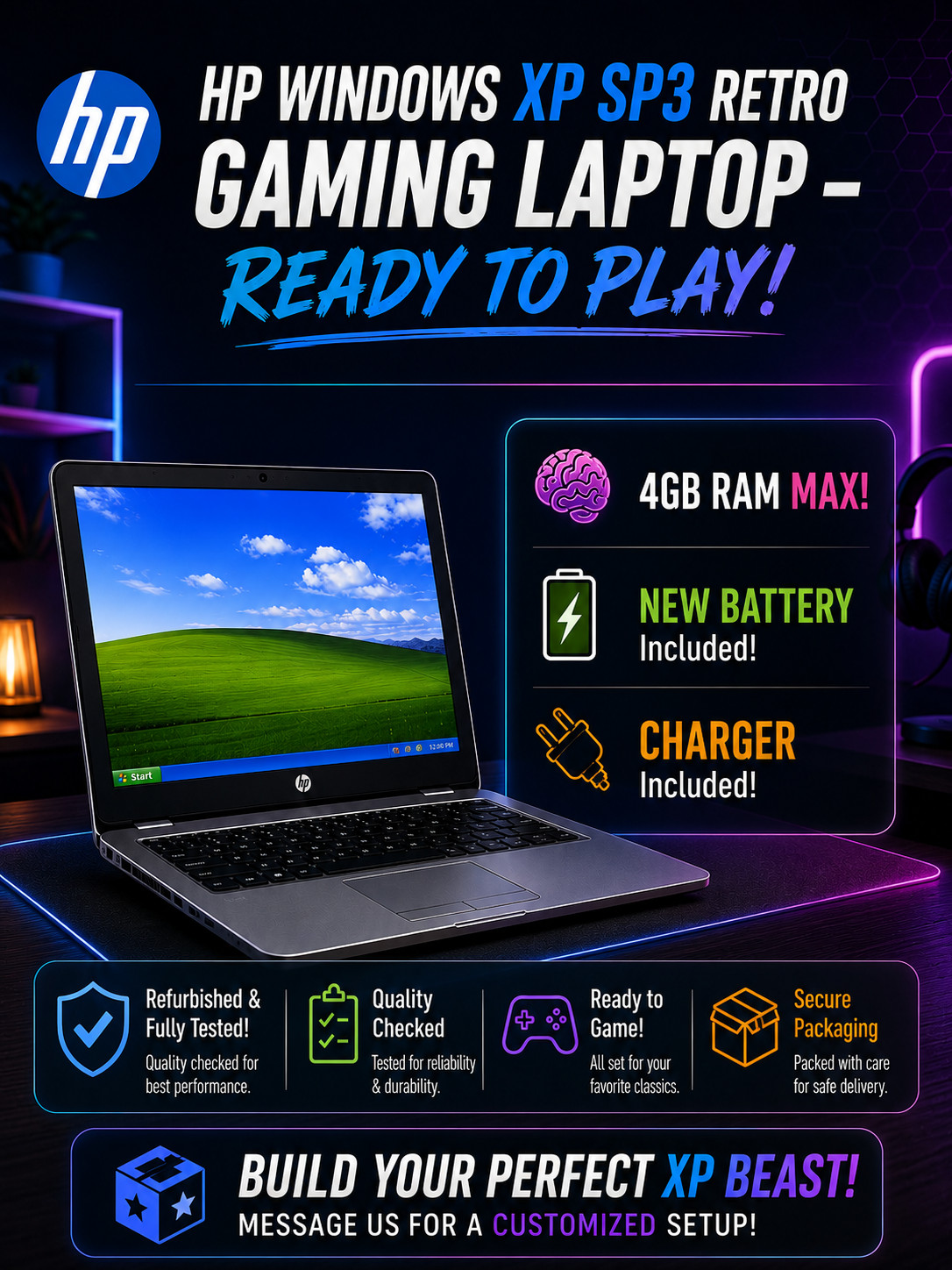 HP Windows XP Retro Laptop – Custom Legacy PC Gaming Build | No Battery |