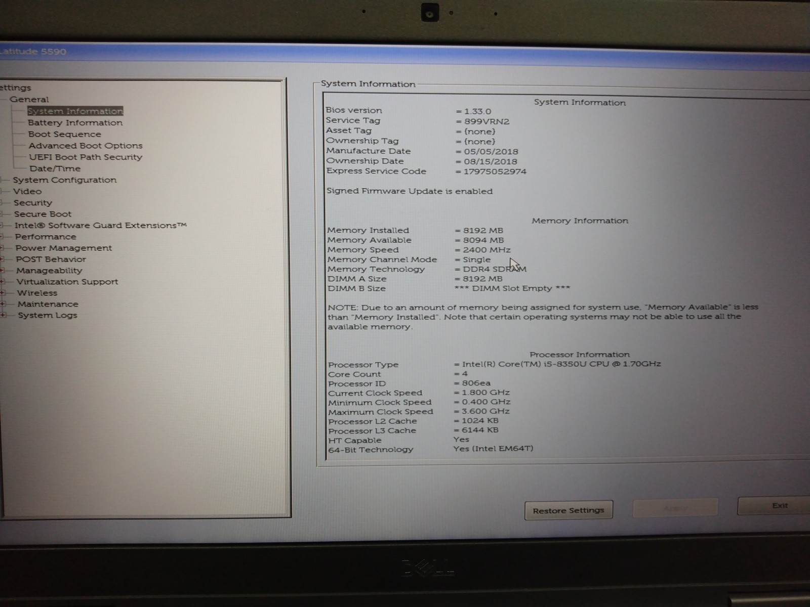 Dell Latitude 5590 15.6″ FHD i5-8350U 8GB RAM No OS/SSD