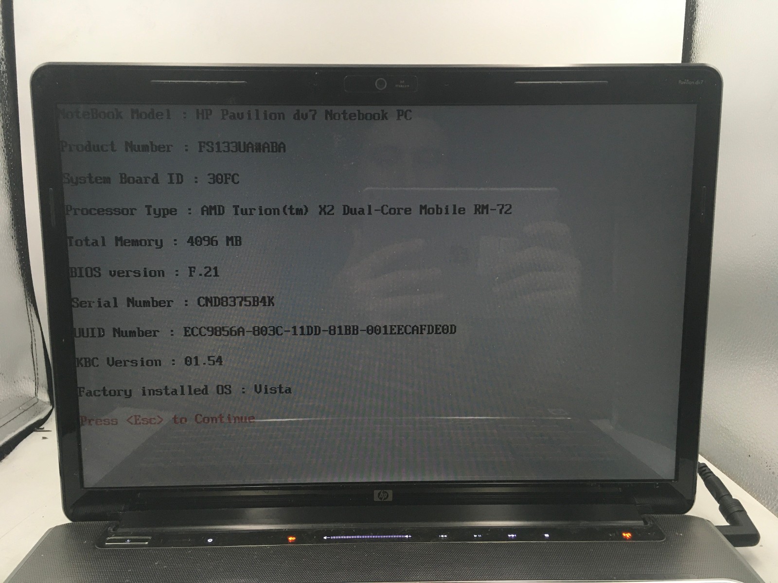 HP PAVILION DV7 1129WM – BOOTS TO BIOS/BIOS LOCK – AMD TURION X2 – 4GB RAM – BB