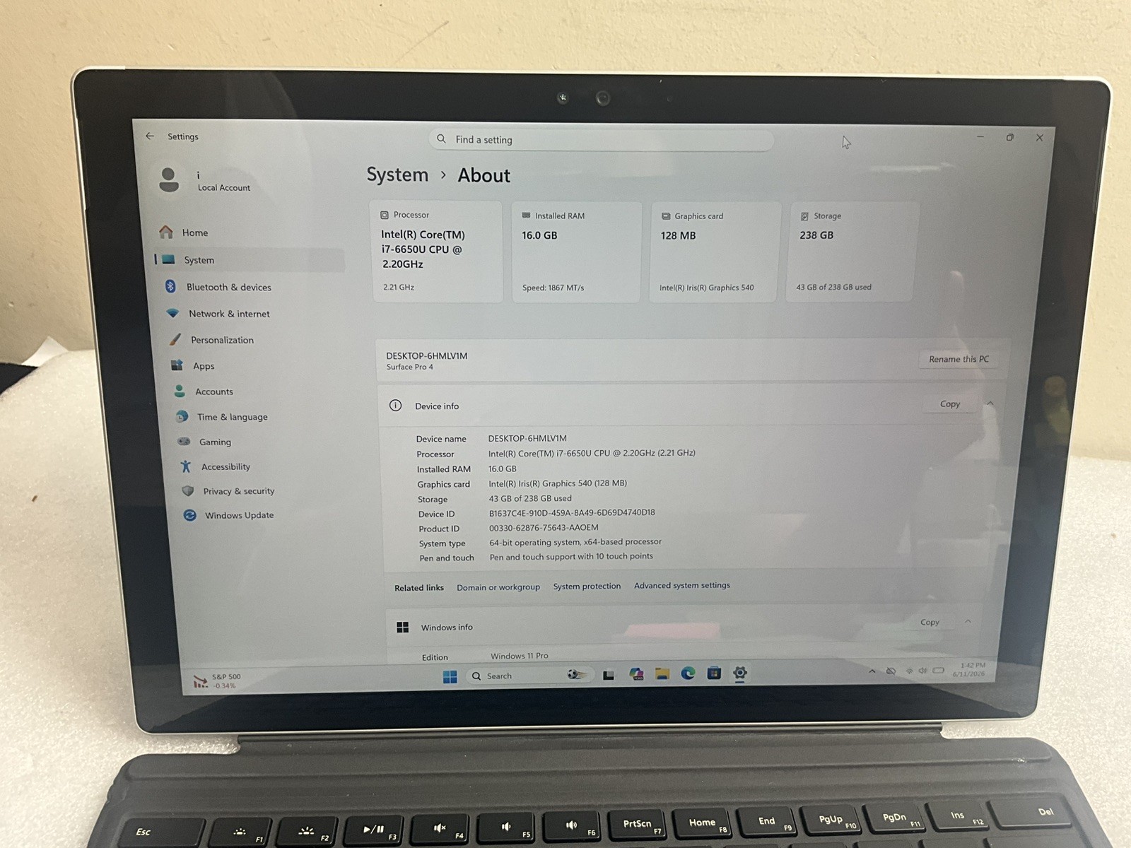 Microsoft Surface Pro 4 i7-6650U CPU @ 2.20GHz 16 GB RAM 256 GB Win 11 Pro #16