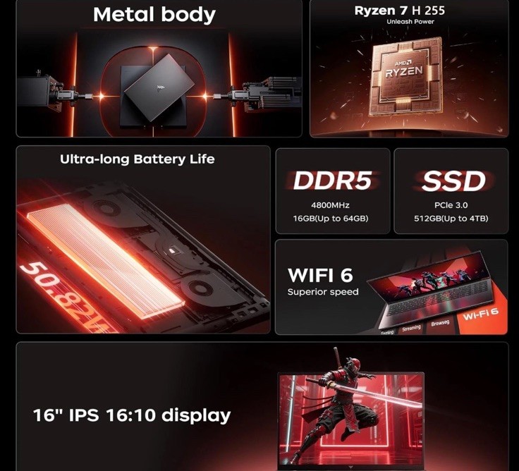 Acemagic RX16 16” Gaming Laptop AMD Ryzen 7 H255 16GB DDR5 512GB SSD WIFI Win11