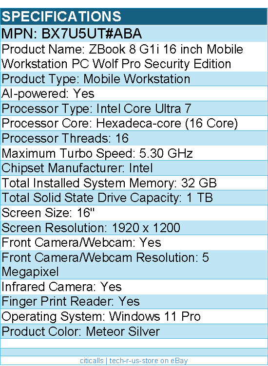 HP BX7U5UT#ABA ZBook 8 G1i 16″ Mobile Workstation – Intel Core Ultra 7 265H